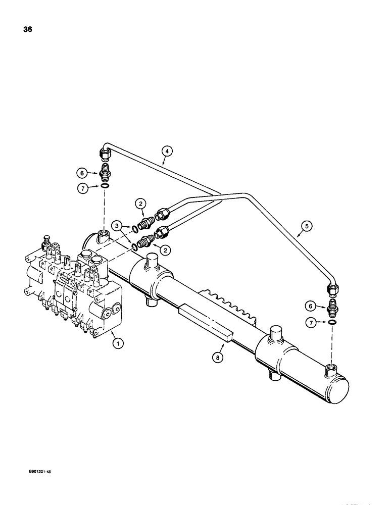 Схема запчастей Case D100 - (8-036) - BACKHOE SWING CYLINDER HYDRAULIC CIRCUIT, USED ON 1835C, 1840 & 1845C UNI-LOADER W/ DUKE VALVE 