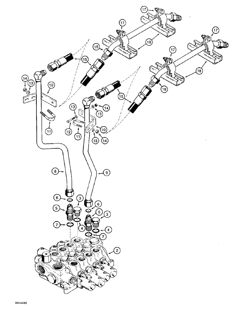 Схема запчастей Case 821B - (8-16) - AUXILIARY HYDRAULIC CIRCUIT, CONTROL VALVE TO CYLINDERS (08) - HYDRAULICS