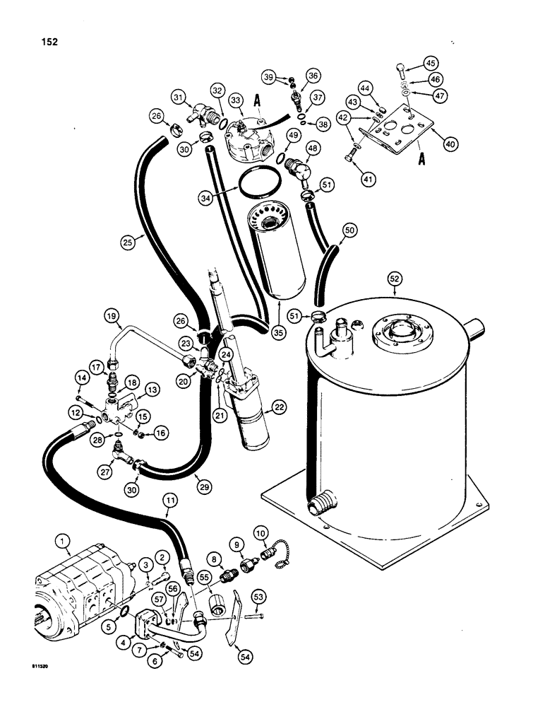 Схема запчастей Case W20B - (152) - STEERING HYDRAULIC CIRCUIT - PUMP TO RESRVOIR, MODELS WITHOUT AUXILLIARY STEERING (05) - STEERING