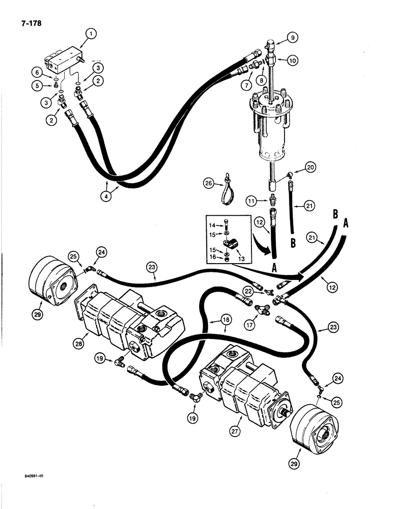 Схема запчастей Case 1187B - (7-178) - DRIVE RANGE AND BRAKE HYDRAULIC LINES, USED ON MODELS PRIOR TO P.I.N. 6275638 (07) - BRAKES