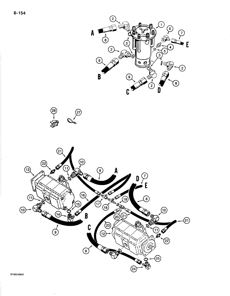 Схема запчастей Case 1080B - (6-154) - TRACK DRIVE HYDRAULIC LINES - LOWER, P.I.N. 6271846 AND AFTER (06) - POWER TRAIN