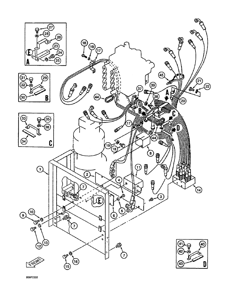 Схема запчастей Case 9030B - (8-022) - CONTROL COMPONENT MOUNTING AND HOSE SUPPORTS, P.I.N. DAC03#2001 AND AFTER (08) - HYDRAULICS