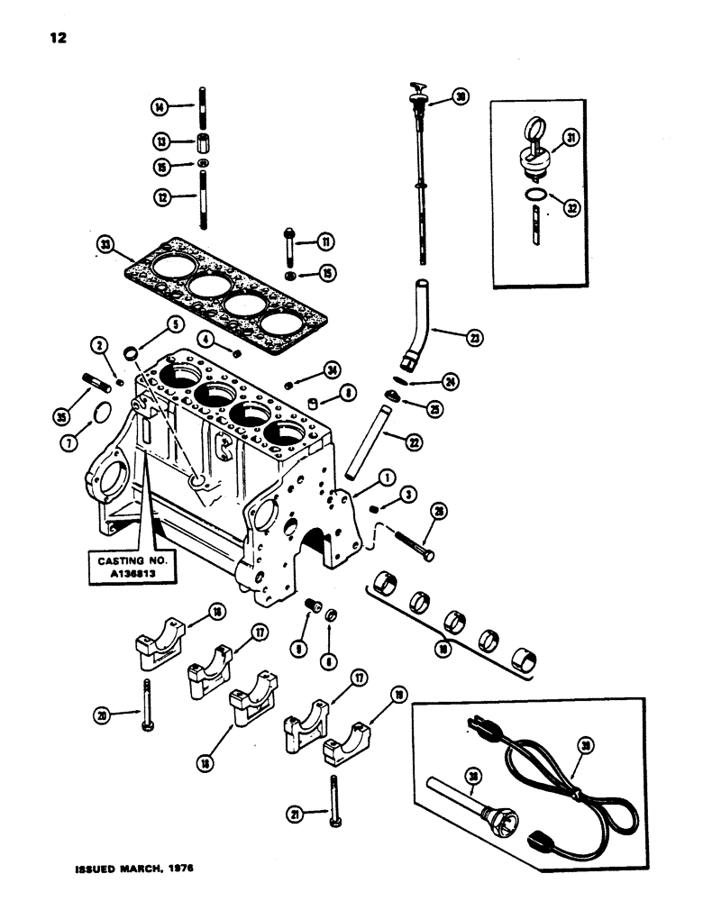 Схема запчастей Case 450 - (012) - CYLINDER BLOCK ASSY., (188) DIESEL ENGINE, WITH CYLINDER HEAD BOLTS, 1ST USED ENG. S.N. 2711005 (01) - ENGINE