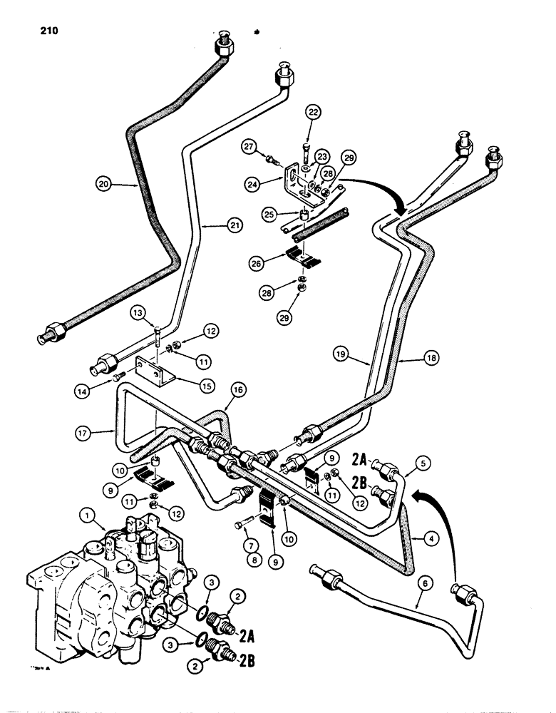 Схема запчастей Case 850B - (210) - DOZER LIFT HYDRAULIC CIRCUIT, CONTROL VALVE TO CYLINDER TUBES (07) - HYDRAULIC SYSTEM