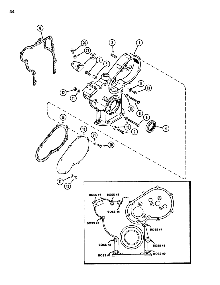 Схема запчастей Case 1835 - (044) - TIMING GEAR COVER, 188 DIESEL ENGINE (02) - ENGINE