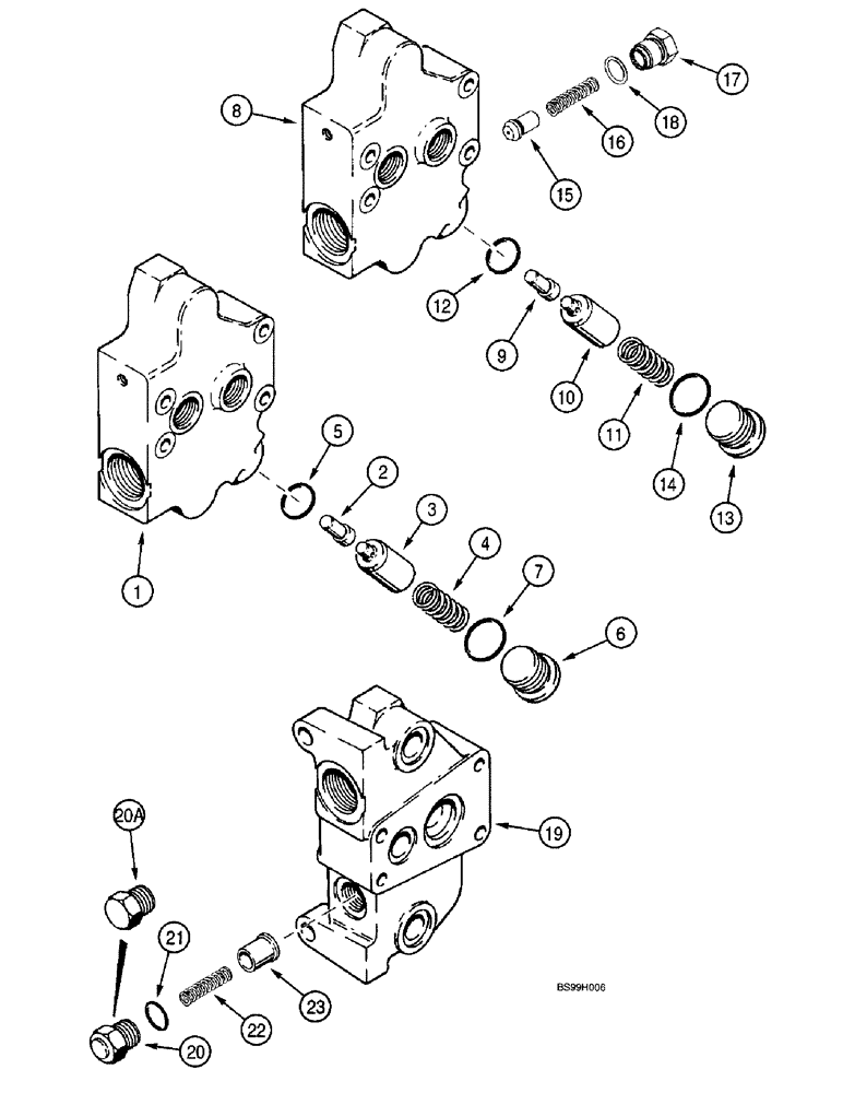 Схема запчастей Case 590SL - (8-96) - BACKHOE CONTROL VALVE, INLET AND OUTLET SECTIONS, OUTLET SECTION (08) - HYDRAULICS