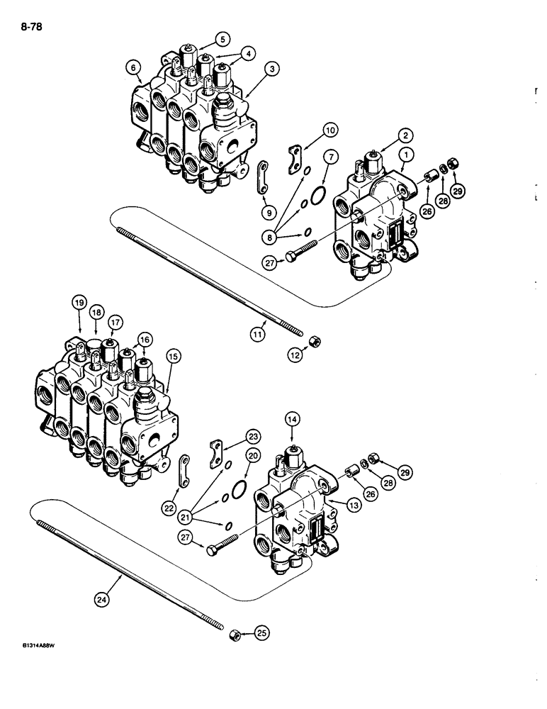 Схема запчастей Case 680L - (8-078) - BACKHOE CONTROL VALVES, WITHOUT EXTENDABLE DIPPER (08) - HYDRAULICS