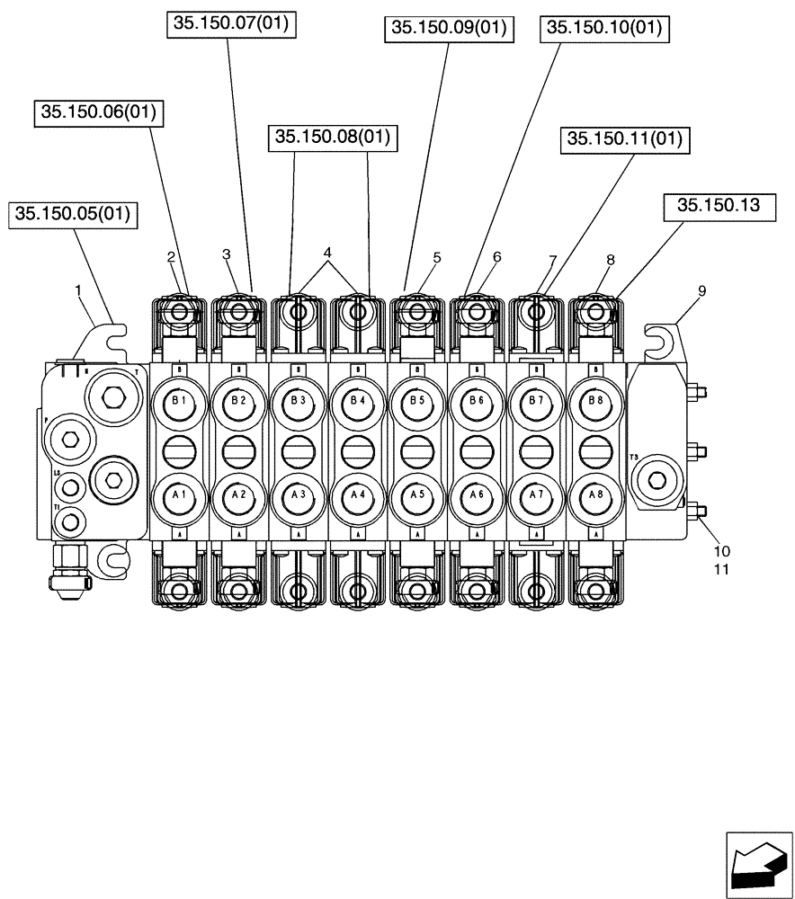 Схема запчастей Case 580SM - (35.726.22[01]) - VALVE ASSY - BACKHOE CONTROL, 8 SPOOL (W/ EXT DIPPER, W/ AUX HYDS, W/ PILOT CONTROLS) (35) - HYDRAULIC SYSTEMS