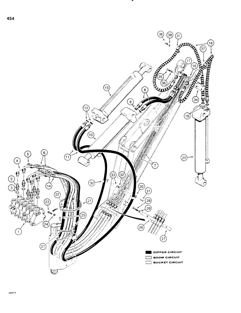 Схема запчастей Case SD100 - (454) - BACKHOE HYDRAULIC CIRCUIT, BOOM, DIPPER, AND BUCKET, USED BEFORE BACKHOE SERIAL NUMBER 1515103 (35) - HYDRAULIC SYSTEMS