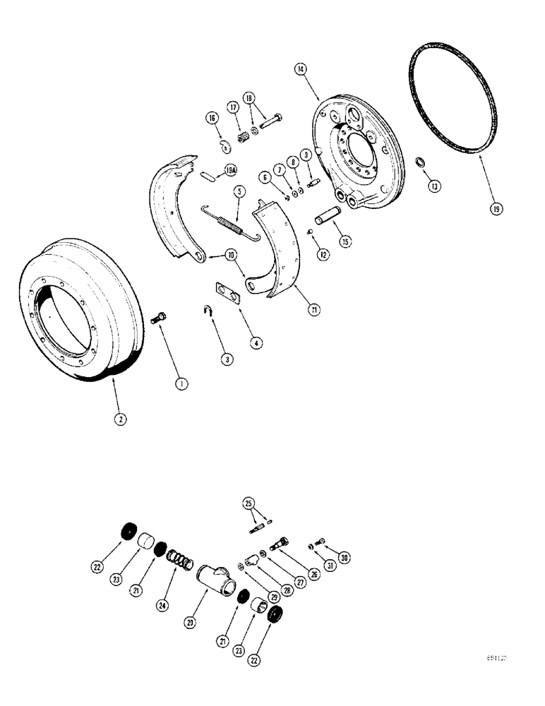 Схема запчастей Case W10B - (168) - A19080 AND L15393 FRONT RIGID AXLES, FRONT BRAKE DRUM AND LININGS (06) - POWER TRAIN