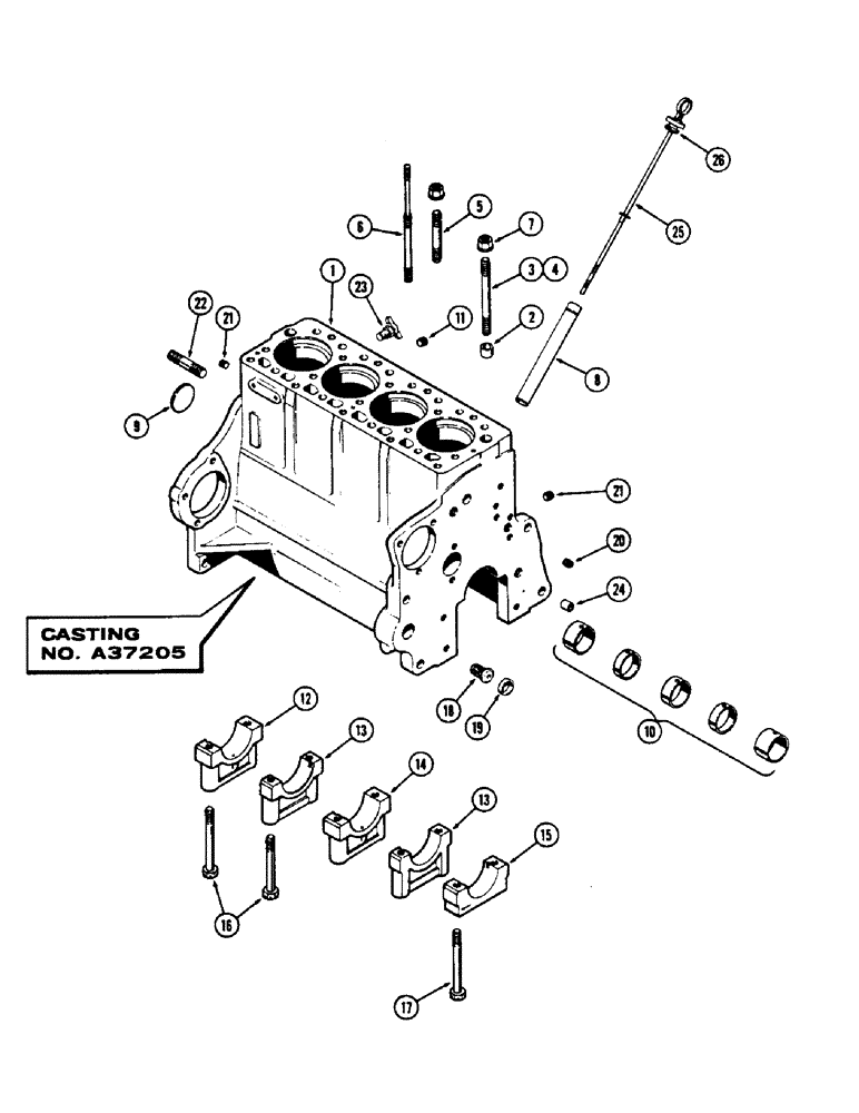 Схема запчастей Case W5A - (026) - CYLINDER BLK ASSY, (188) DIESEL ENG., W/WIDE FLNGD SLEEVES, W/FLNG MTD. OIL FILTER, CASTING # A37205 (02) - ENGINE