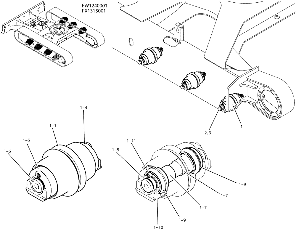 Схема запчастей Case CX36B - (02-006) - ROLLER ASSY, TRACK (48) - TRACKS & TRACK SUSPENSION