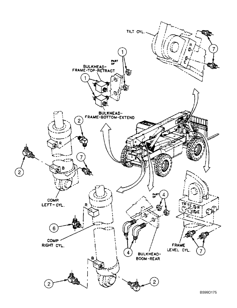 Схема запчастей Case 688G - (8-28) - CYLINDER HYD LINE FITTINGS, FRAME LEVELING & COMPENSATING (SERIES 2 686GXR & 688G) (08) - HYDRAULICS