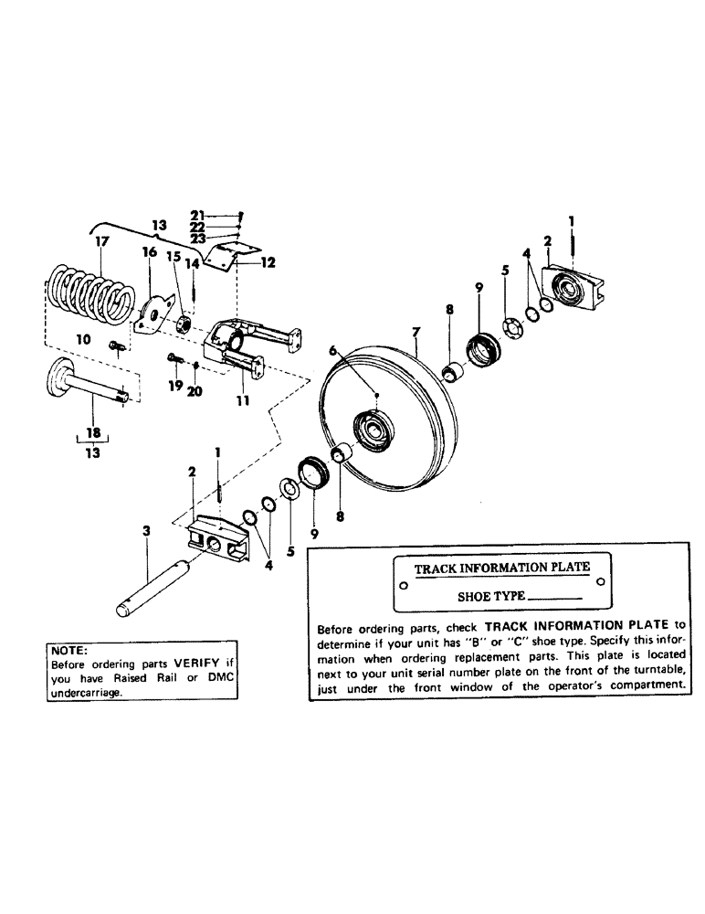 Схема запчастей Case 50 - (B13) - RAISED RAIL IDLER WHEEL AND TRACK ADJUSTER, (USED ON UNITS WITH S/N 307 - UP) (48) - TRACKS & TRACK SUSPENSION