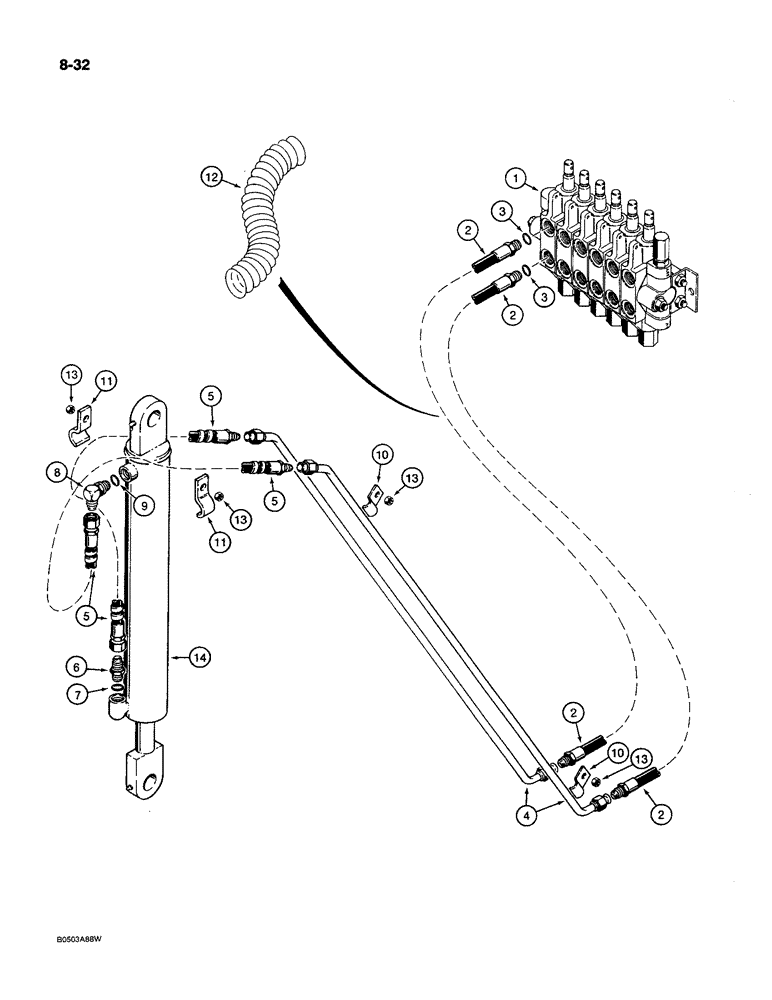 Схема запчастей Case MAXI-SNEAKER C - (8-32) - BUCKET CYLINDER HYDRAULIC CIRCUIT, USED ON MODELS WITH SD-70 BACKHOE (08) - HYDRAULICS