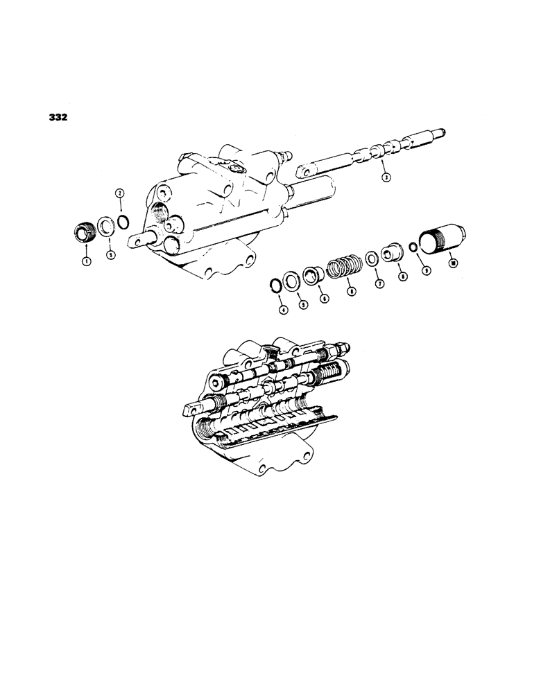 Схема запчастей Case 450 - (332) - THREE POSITION SPOOLS - DOUBLE ACTING, USED ON MODELS W/O RETURN-TO-DIG FEATURE (07) - HYDRAULIC SYSTEM