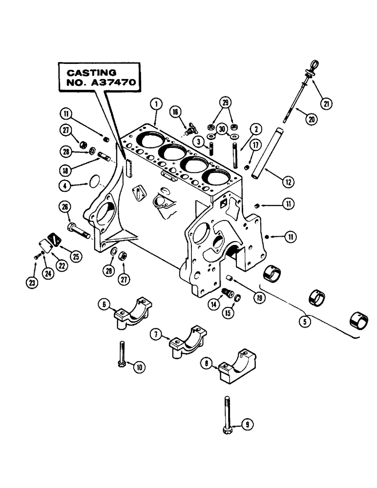 Схема запчастей Case 430CK - (008) - CYLINDER BLOCK ASSY., (148B) SPARK IGNITION ENG., CASTING NO. A37470, WITH FLANGE MOUNTED OIL FILTER 