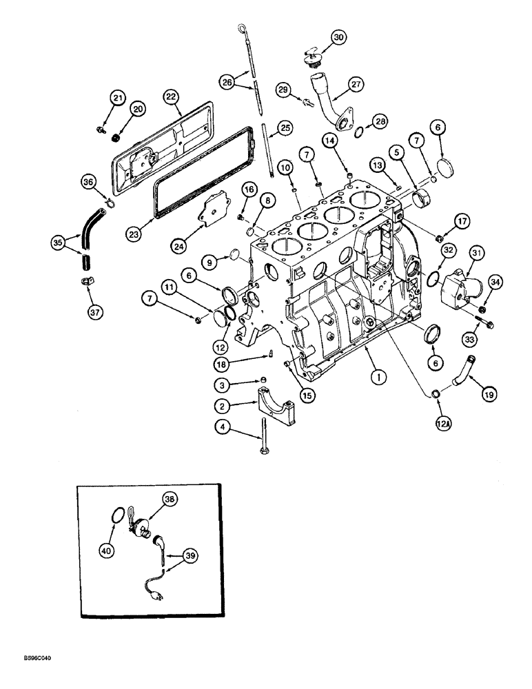 Схема запчастей Case 580SL - (2-36) - CYLINDER BLOCK, 4T-390 ENGINE 1989181C1 (02) - ENGINE