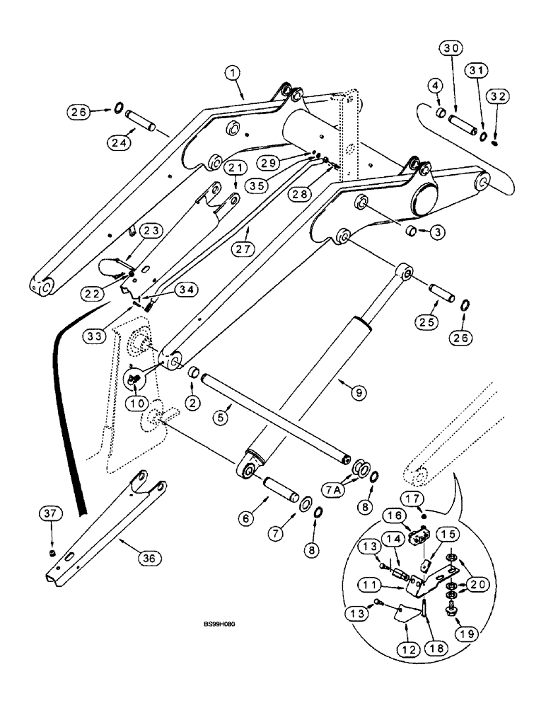 Схема запчастей Case 580L - (9-026) - LOADER LIFT FRAME AND MOUNTING PARTS LIFT CYLINDER, SUPPORT STRUT, RETURN-TO-DIG AND ANTIROLLBACK (09) - CHASSIS/ATTACHMENTS