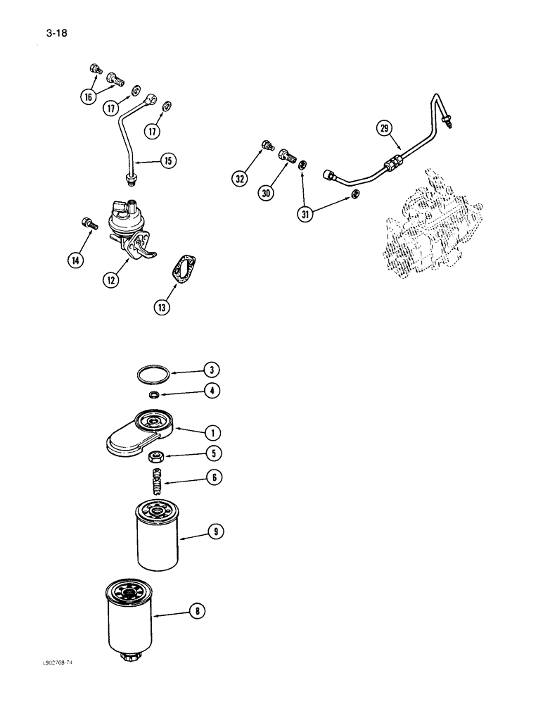 Схема запчастей Case 1085C - (3-18) - FUEL FILTER AND LIFT PUMP, 6T-590 ENGINE (03) - FUEL SYSTEM