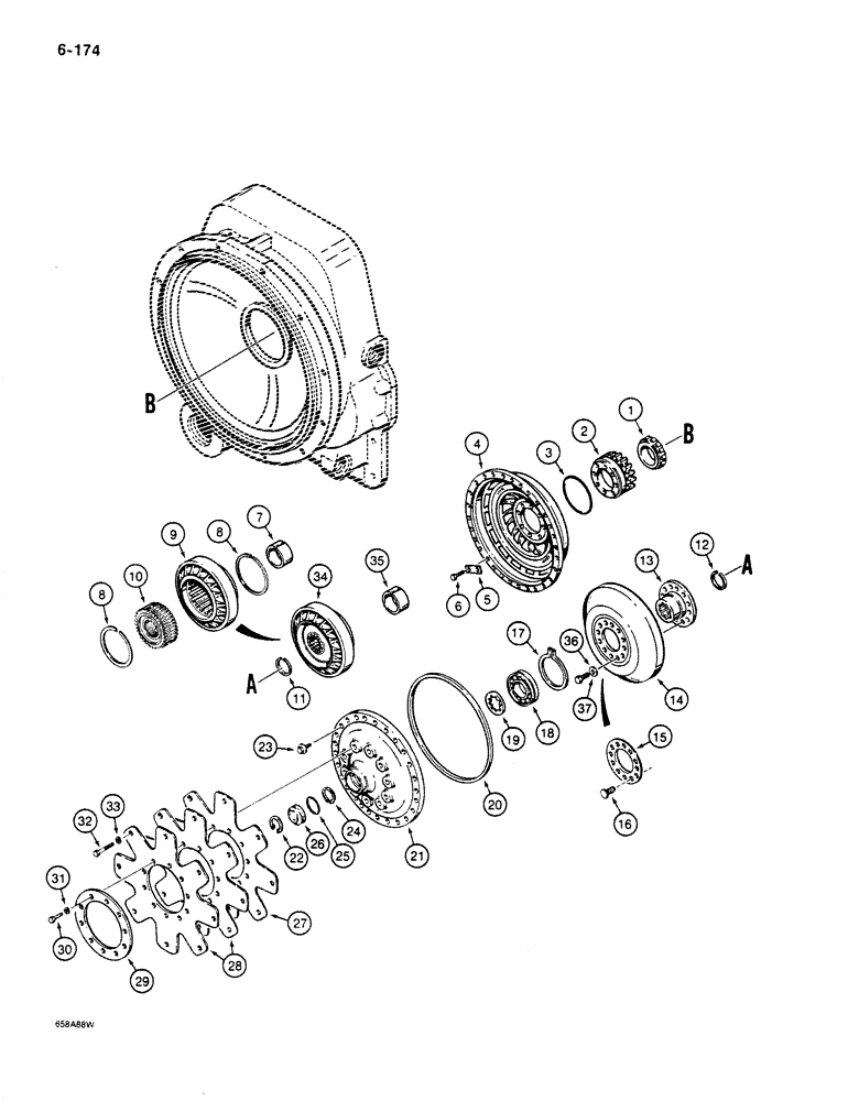 Схема запчастей Case 680K - (6-174) - TRANSMISSION IMPELLER, TURBINE AND FLEX PLATE (06) - POWER TRAIN