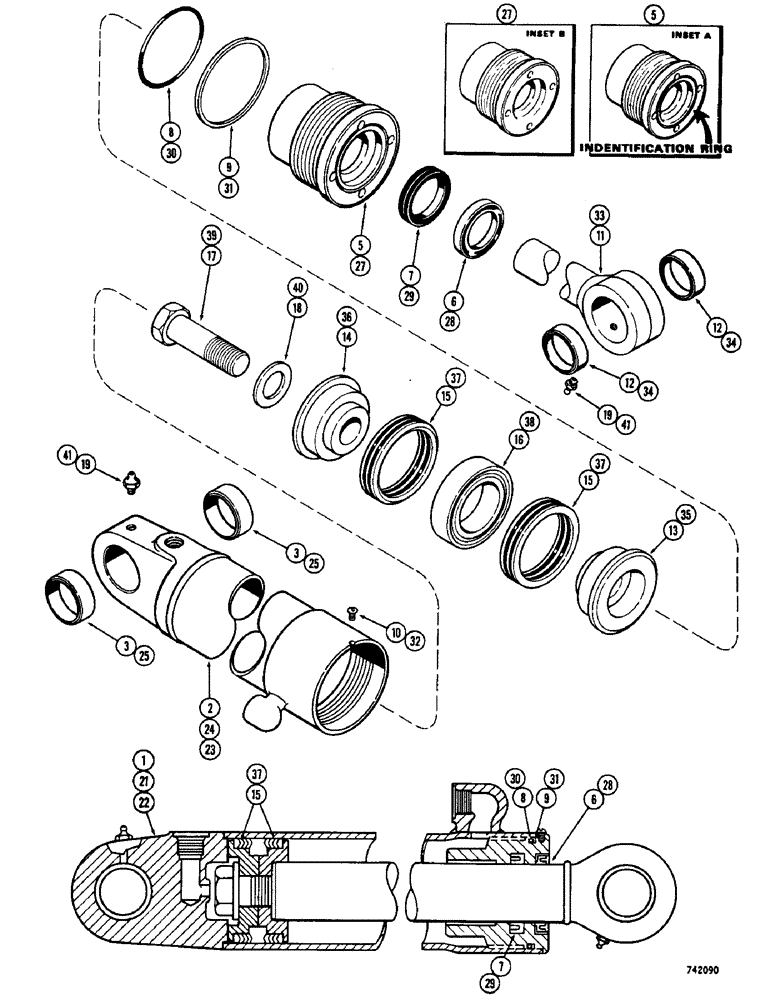 Схема запчастей Case 475 - (168) - G34210 AND G34211 PLOW LIFT CYLINDERS, GLAND HAS IDENTIFICATION RING (35) - HYDRAULIC SYSTEMS