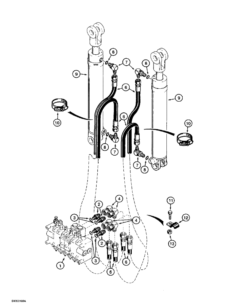 Схема запчастей Case 560 - (8-074) - BACKHOE STABILIZER CYLINDER HYDRAULIC CIRCUIT, D125 BACKHOE (08) - HYDRAULICS