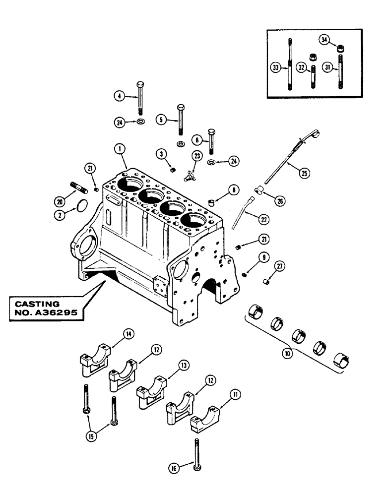 Схема запчастей Case W5A - (030) - CYL BLOCK ASSY,(188) DIESEL ENG,W/ NARROW FLNGD SLEEVES,W/ BRACKET MTD OIL FILTER,CASTING # A36295 (02) - ENGINE