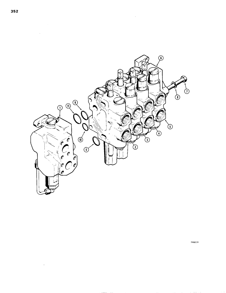 Схема запчастей Case 1150B - (352) - R33646 FOUR SPOOL VALVE, TILT DOZER WITH DUAL PULL BEHIND (07) - HYDRAULIC SYSTEM