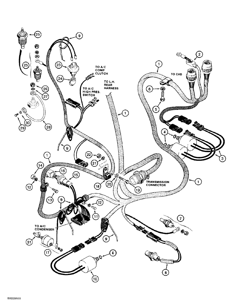 Схема запчастей Case 621B - (4-28) - REAR HARNESS, ENGINE RIGHT-HAND SIDE, PRIOR TO P.I.N. JEE0052701 (04) - ELECTRICAL SYSTEMS