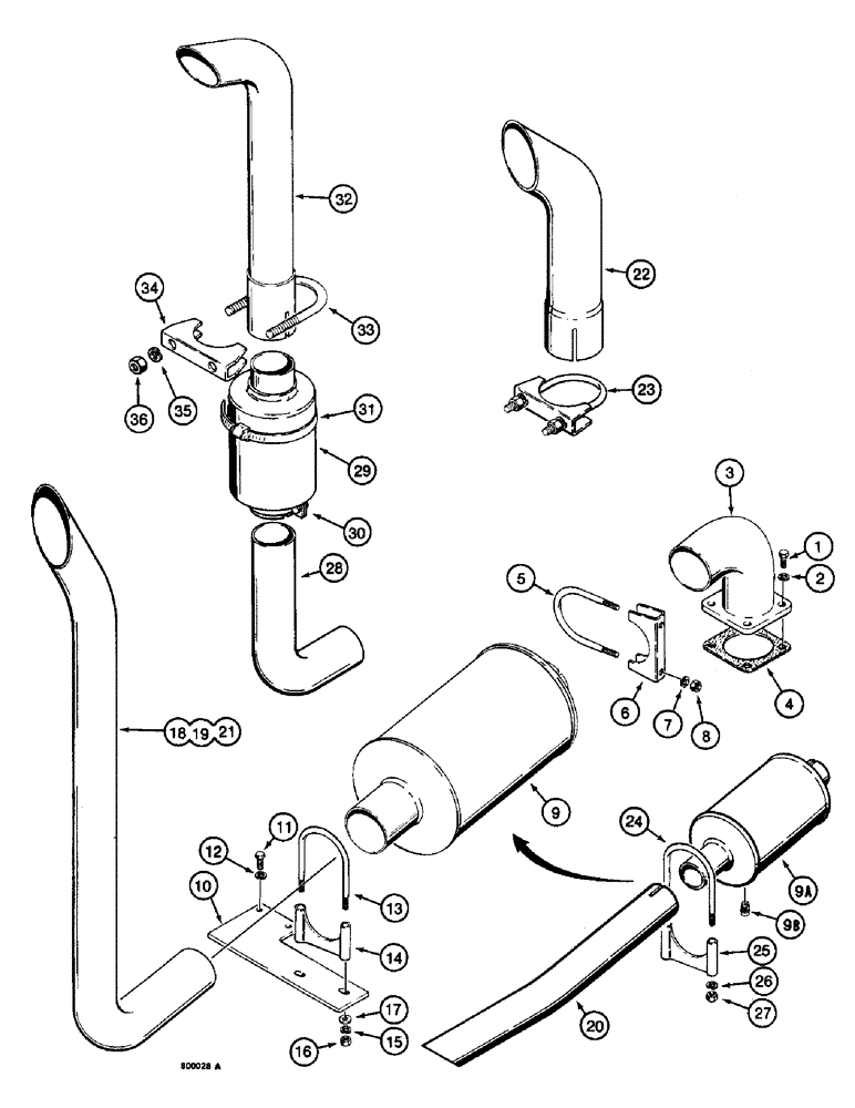 Схема запчастей Case W14 - (062) - EXHAUST SYSTEM, USED ON MODELS WITHOUT BACKHOE (02) - ENGINE