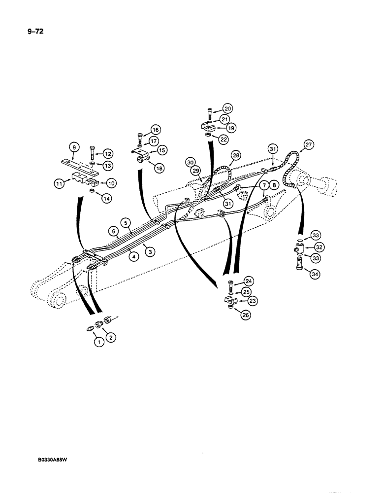 Схема запчастей Case 125B - (9-072) - ARM LUBRICATION LINES, USED ON UNITS WITH 3.2 M ARM, *P.I.N. 74436 THROUGH 74844 (09) - CHASSIS