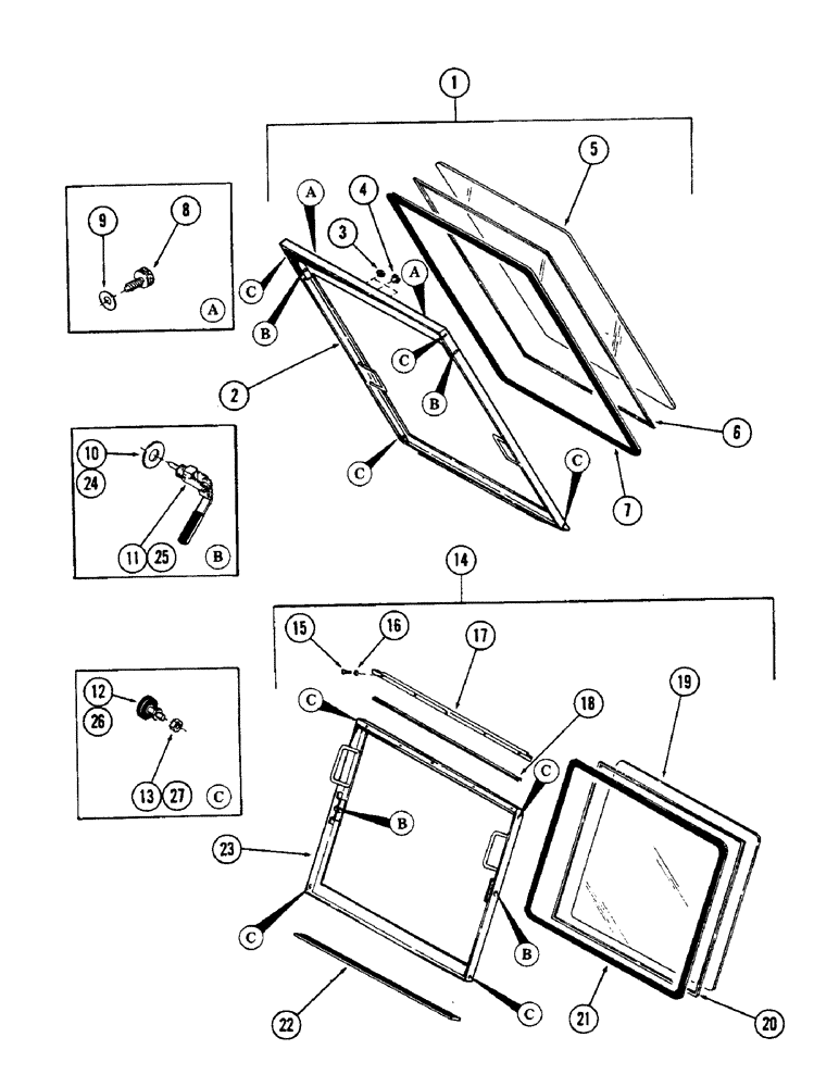 Схема запчастей Case 50 - (086) - CAB & ATTACHING PARTS, (UPPER & LOWER FRONT WINDOWS & ATTACHING PARTS) (USED ON UNITS W/ CAB SN. (90) - PLATFORM, CAB, BODYWORK AND DECALS