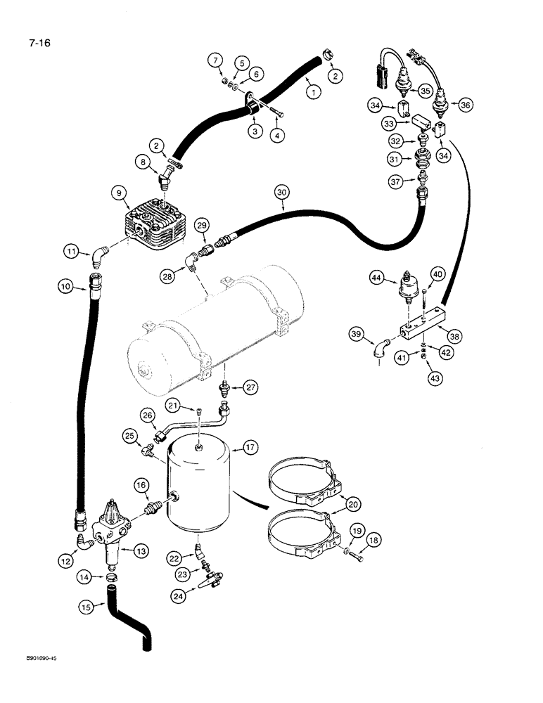 Схема запчастей Case 621 - (7-16) - AIR COMPRESSOR INTAKE HOSE AND LOWER RESERVOIR, UNITS W/ UNLOADING VALVE, PRIOR TO P.I.N. JAK0027274 (07) - BRAKES