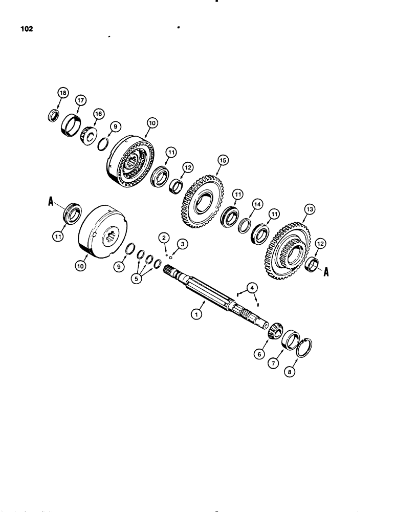 Схема запчастей Case 450B - (102) - TRANSMISSION MAIN SHAFT AND FORWARD-REVERSE CLUTCH (03) - TRANSMISSION