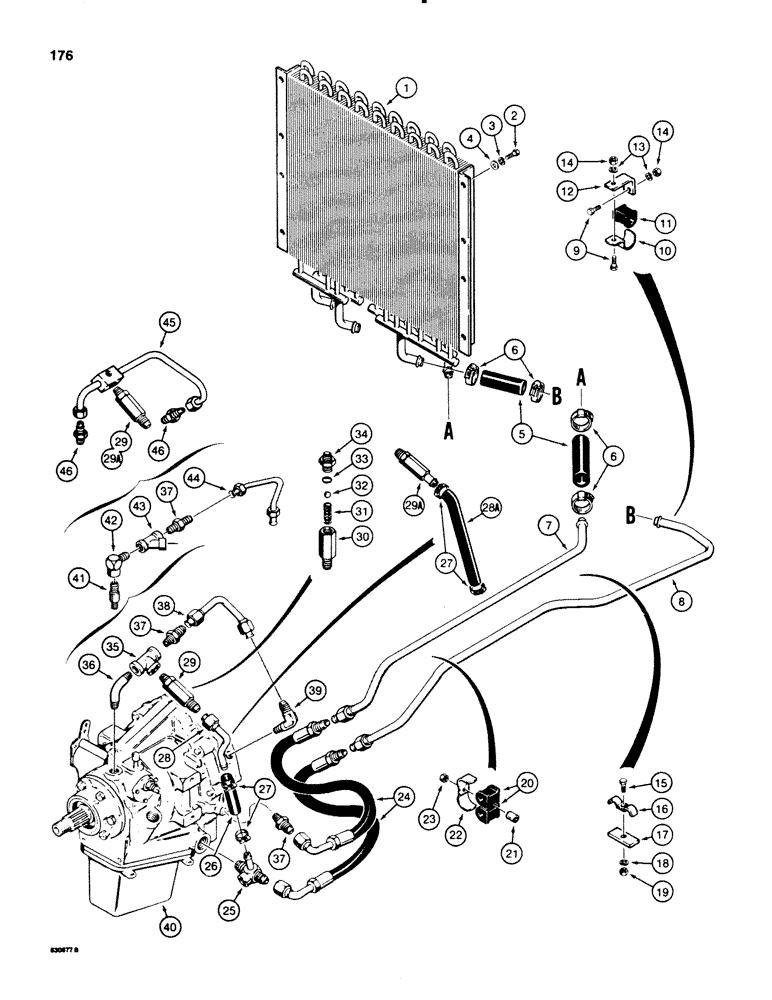 Схема запчастей Case 580SE - (176) - POWER SHUTTLE COOLING SYSTEM, OIL COOLER WITH ANGLED CONNECTIONS (06) - POWER TRAIN