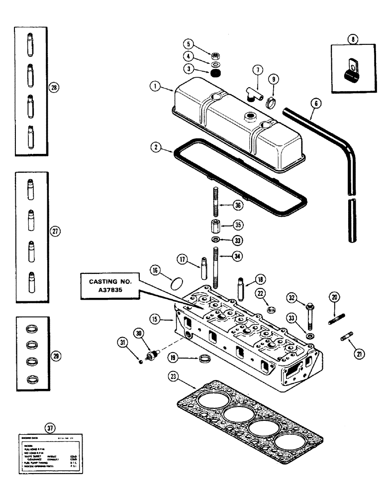 Схема запчастей Case 580B - (020) - CYLINDER HEAD AND COVER, (188) DIESEL ENGINE, 1ST USED ENG. SN 2711005 (02) - ENGINE