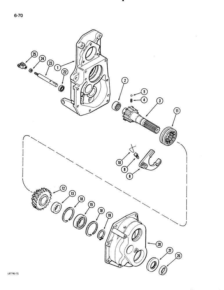 Схема запчастей Case 480E - (6-70) - TRANSAXLE SHIFT MECHANISM AND OUTPUT SHAFT, 4 WHEEL DRIVE (06) - POWER TRAIN