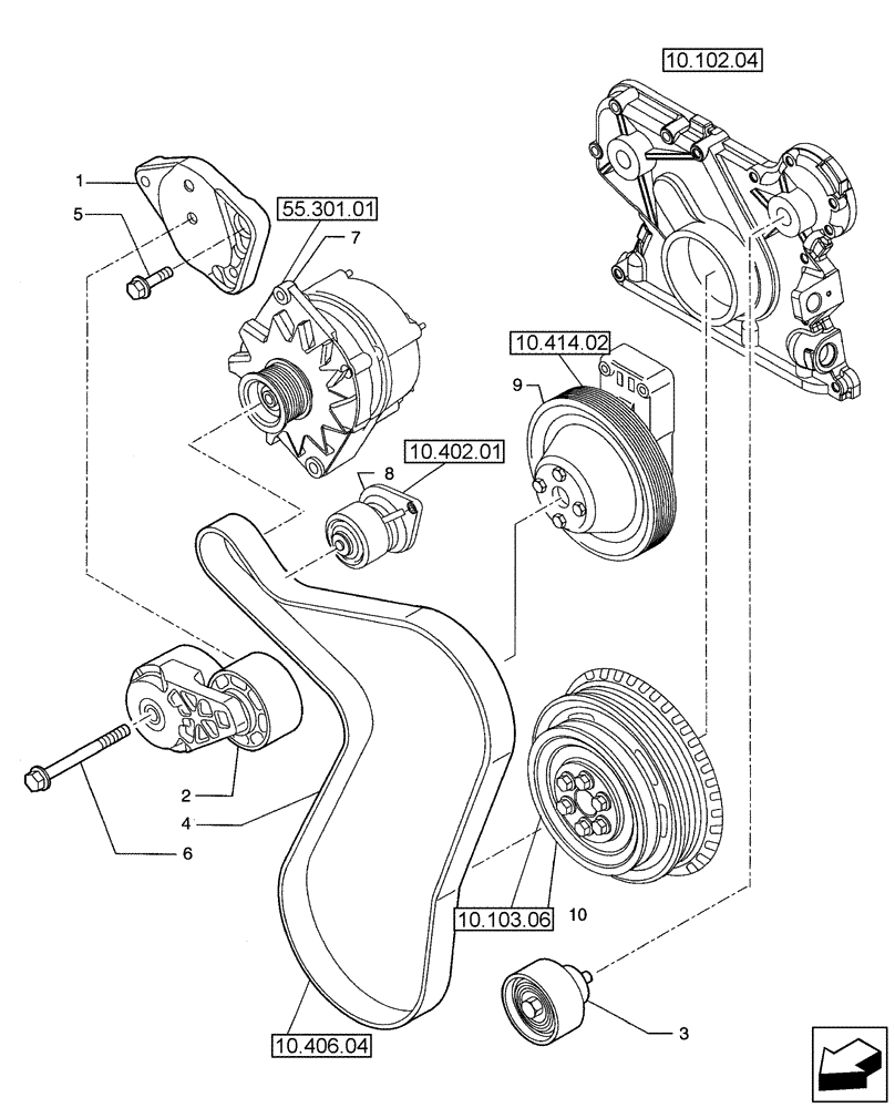 Схема запчастей Case 580SN - (10.402.05) - WATER PUMP - CONTROL (580SN, 580SN WT, 590SN) (10) - ENGINE