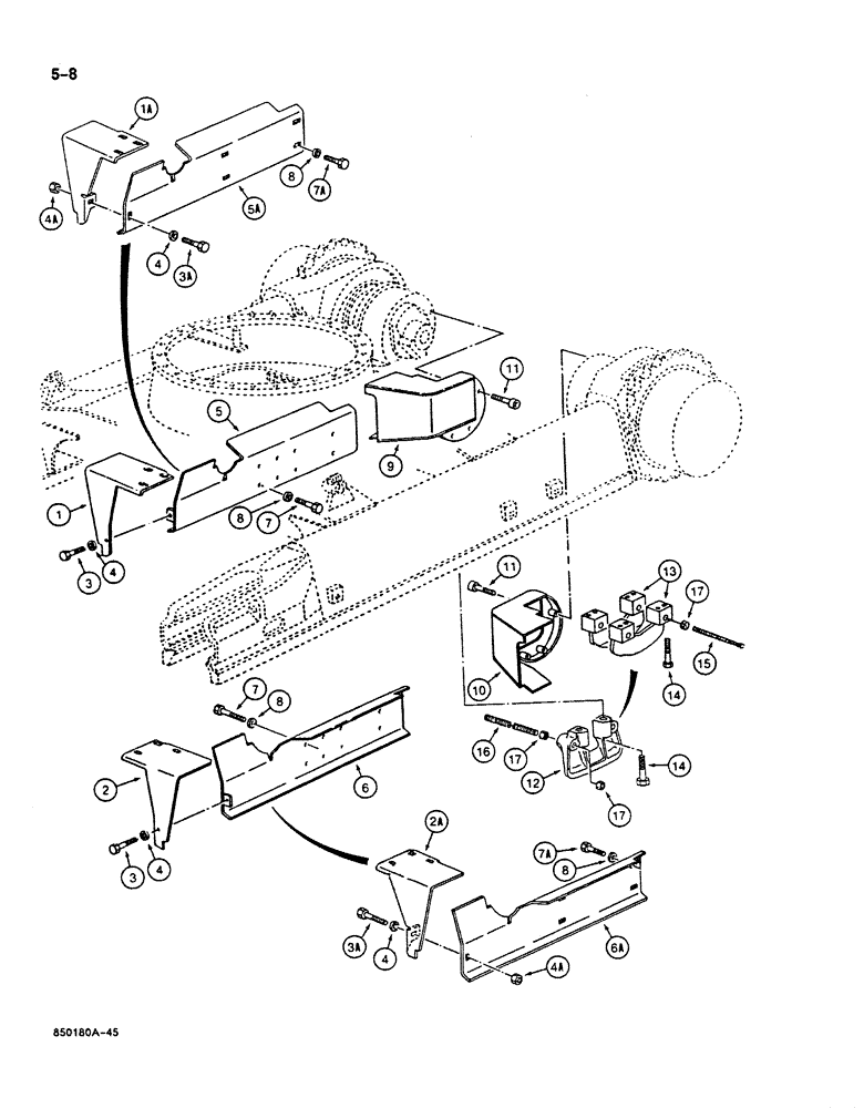 Схема запчастей Case 125B - (5-08) - TUBE GUARDS AT TRACK FRAME, P.I.N. 74251 THROUGH 74879 (11) - TRACKS/STEERING