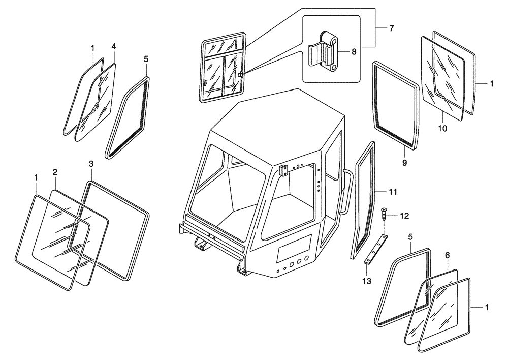 Схема запчастей Case 330 - (51A00001042[01]) - ROPS CAB - GLASS PLATES (10) - Cab/Cowlings