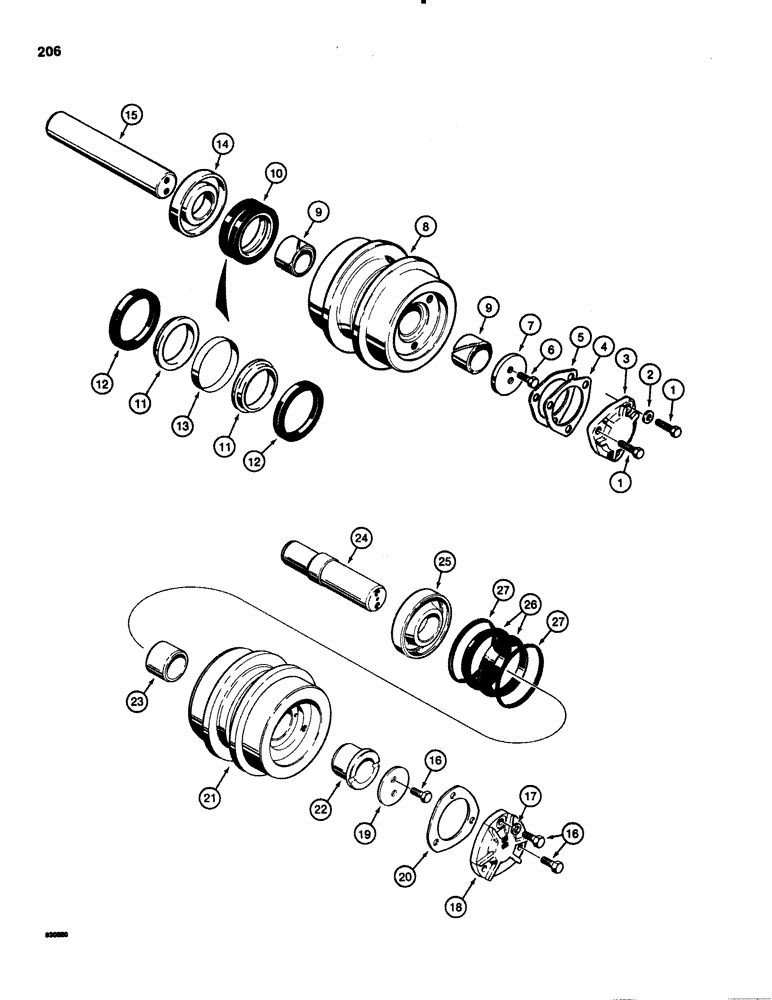 Схема запчастей Case 1150C - (206) - CARRIER ROLLERS, R25680 TRACK CARRIER ROLLER, FOR I.D., SEE ITEM 3 OF ILLUSTRATION CASE MADE ROLLER (11) - TRACKS/STEERING