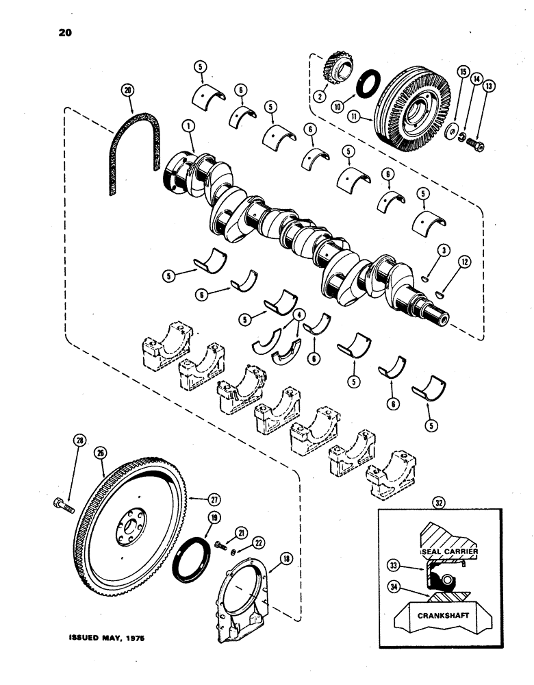 Схема запчастей Case W24B - (020) - CRANKSHAFT AND FLYWHEEL, (504BD) DIESEL ENGINE, SMALL CRANKSHAFT 1ST USED ENG SN. 2572011 (02) - ENGINE