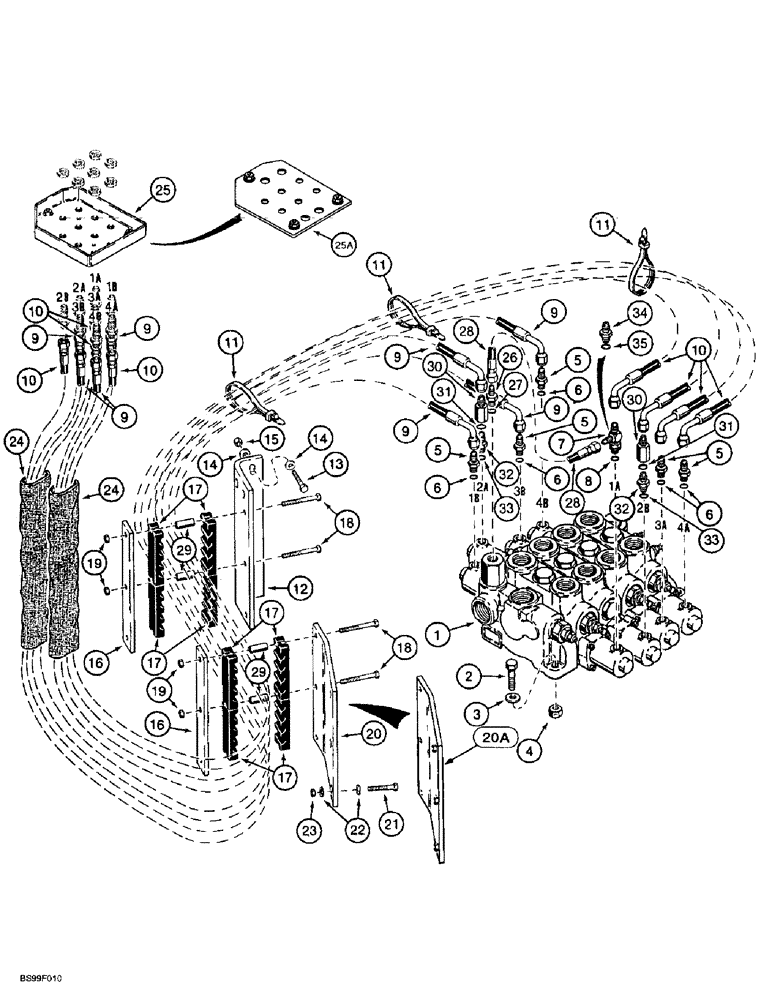 Схема запчастей Case 721B - (8-076) - REMOTE LOADER CONTROL CIRCUIT, HOSE SEPARATOR TO FOUR SPOOL VALVE (08) - HYDRAULICS