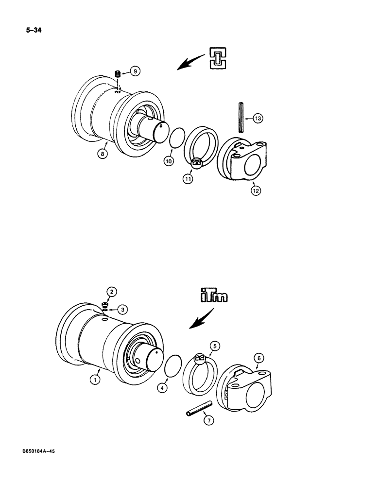 Схема запчастей Case 125B - (5-34) - TRACK ROLLER, P.I.N. 74251 THROUGH 74963, 21801 THROUGH 21868, 26801 AND AFTER (11) - TRACKS/STEERING