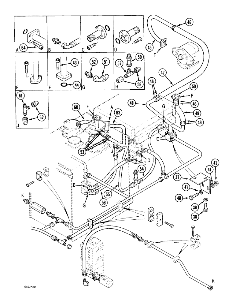 Схема запчастей Case 170C - (8-022) - HYDRAULIC CIRCUIT RETURN LINES, TO OIL COOLER AND FAN MOTOR (08) - HYDRAULICS