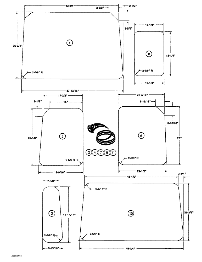 Схема запчастей Case 1155E - (9-090) - ROPS CAB GLASS, U.S. DIMENSIONS (09) - CHASSIS/ATTACHMENTS