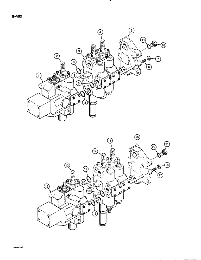 Схема запчастей Case 1455B - (8-402) - THREE SPOOL VALVE, 74" (1880 MM) GAUGE TILT DOZER MODELS OR, MECHANICAL ANGLE DZER MODELS W/RIPPER, (08) - HYDRAULICS