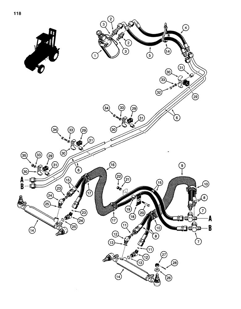 Схема запчастей Case 584D - (118) - STEERING HYDRAULIC CIRCUIT, STEERING CONROL VALVE TO CYLINDERS, 4WD MODELS (41) - STEERING