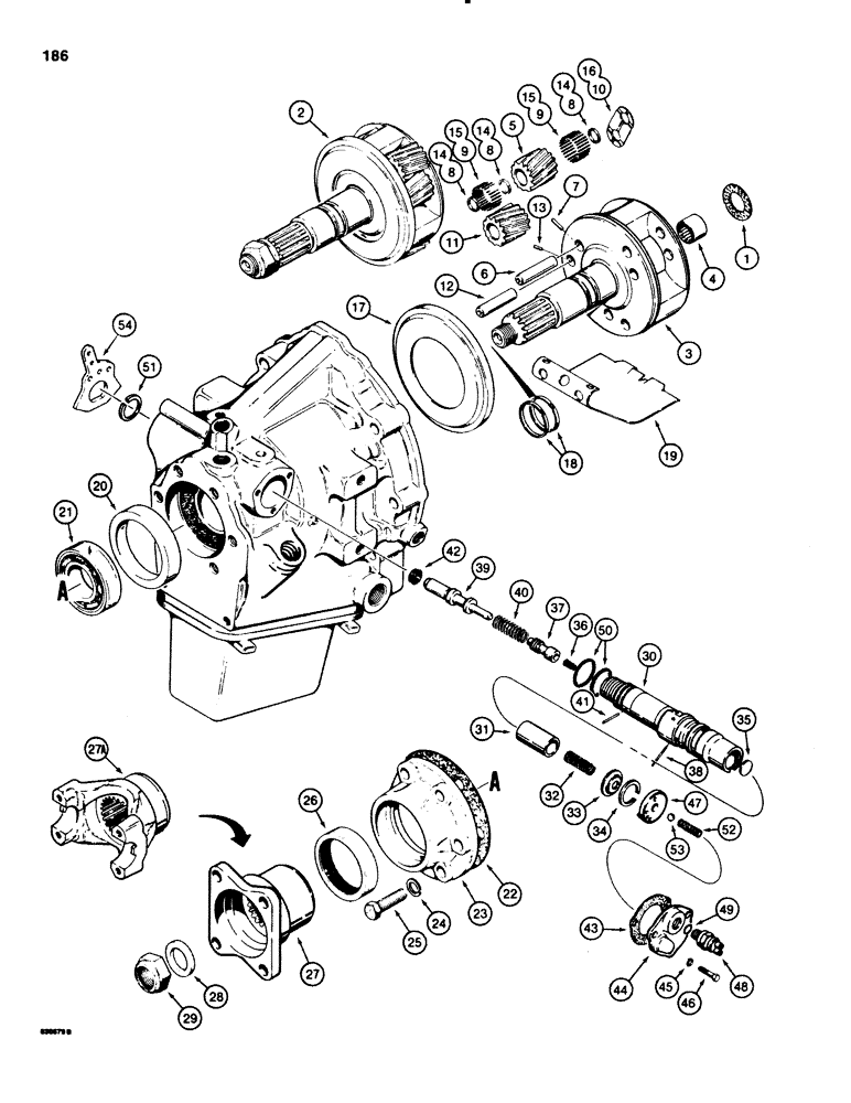 Схема запчастей Case 580SE - (186) - POWER SHUTTLE, PINION CAGE, OUTPUT SHAFT AND CONTROL VALVE (06) - POWER TRAIN